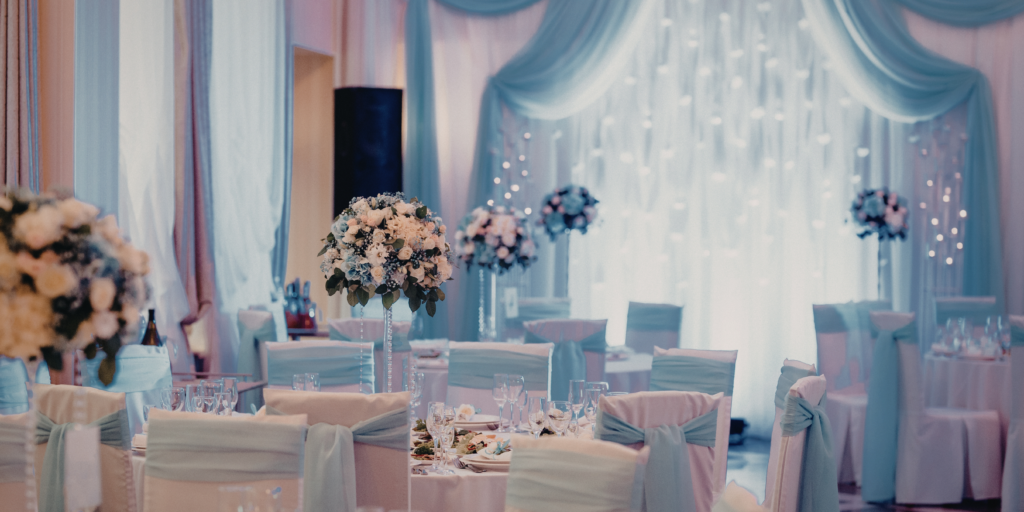A beautifully decorated reception space ready for a wedding or special celebration.