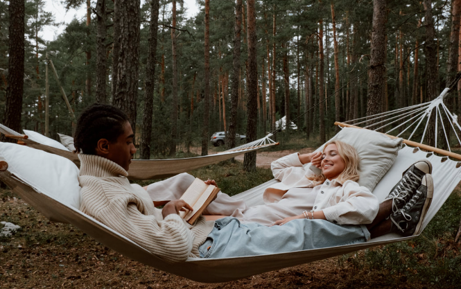 Couple spending time in a woods
