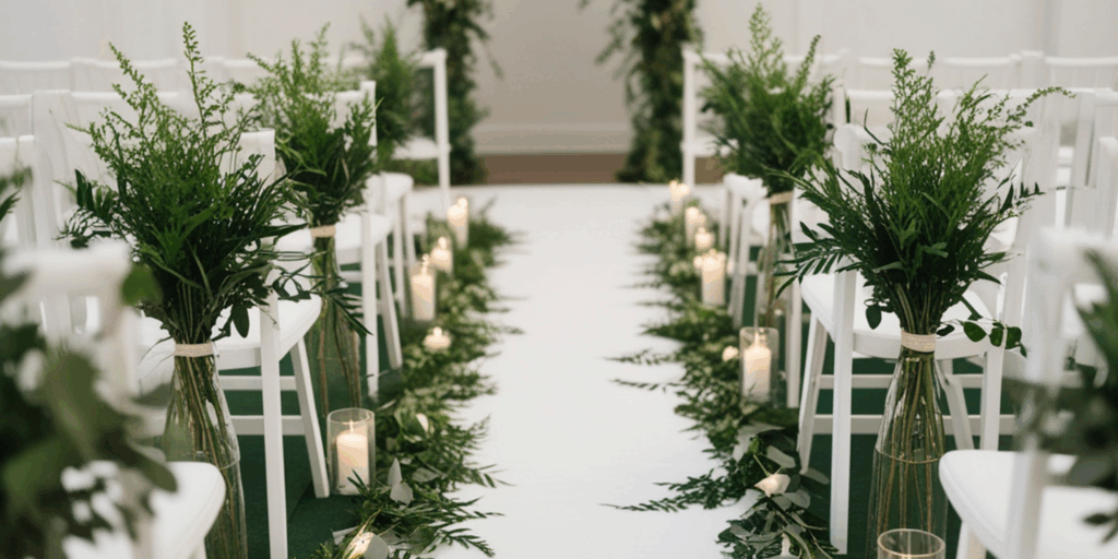 A greenery-lined wedding aisle with candles creates a soft, elegant ceremony design perfect for romantic weddings.