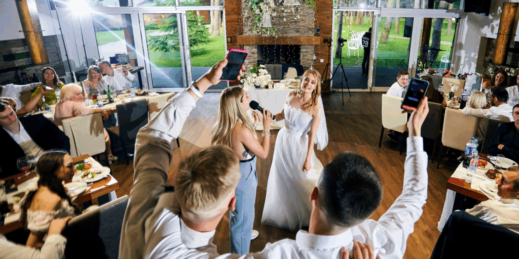 Joyful destination wedding reception celebration with family and friends.