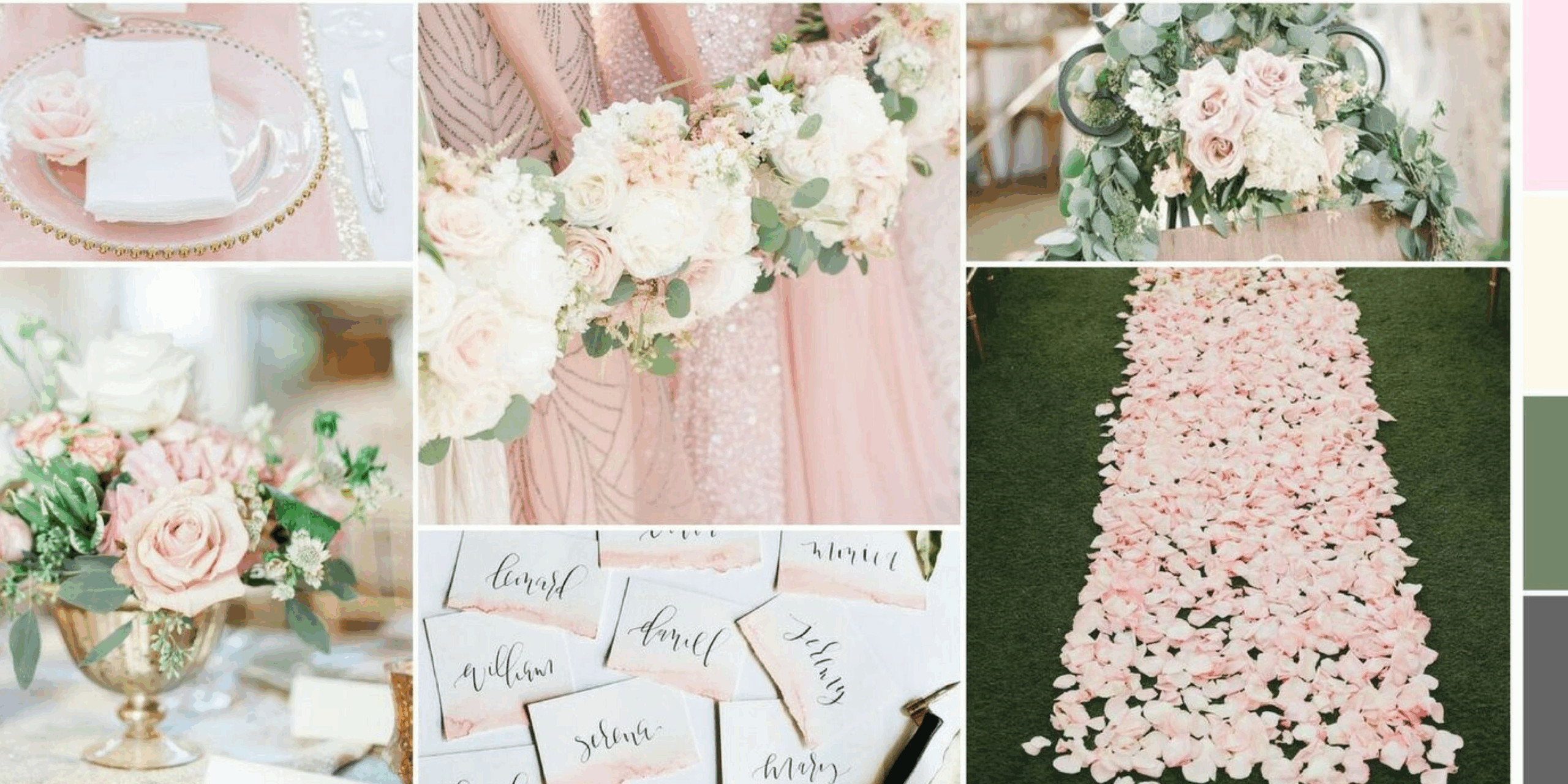 A mood board showcasing pastel pink and ivory wedding details, including table settings, floral arrangements, and calligraphy place cards.