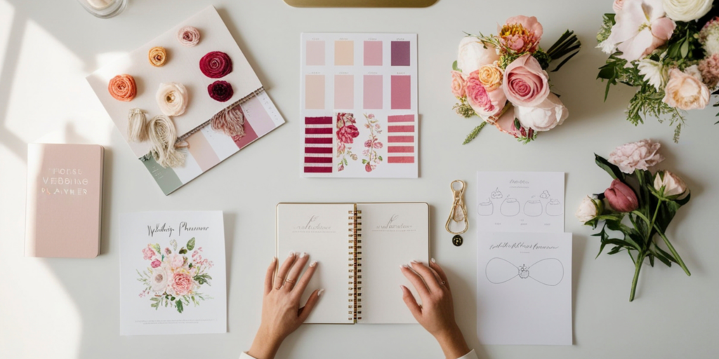 Flat lay of wedding planning materials with color palette samples, flowers, and planner notebook