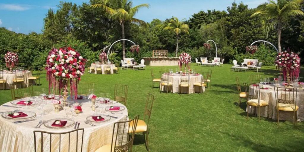 Weddings allows more flexibility in design with lush surroundings and spacious outdoor reception settings.