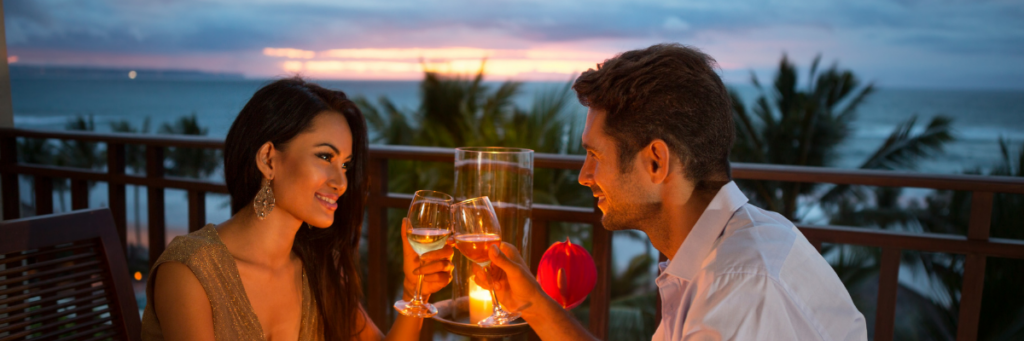 A sunset dinner by the water offers the perfect setting to celebrate the beginning of married life.
