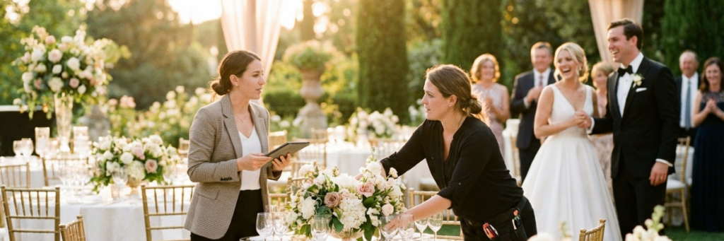 Wedding planners preparing an outdoor wedding reception.