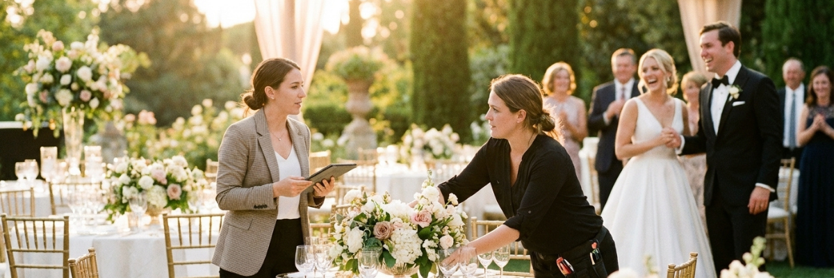 Wedding planners preparing an outdoor wedding reception.